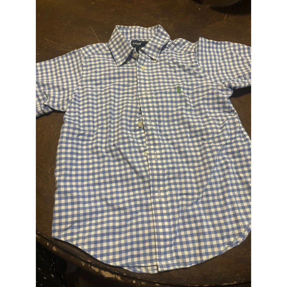 Ralph Lauren Boy's Blue White Gingham Button Down Shirt Classic Prep Dress Small